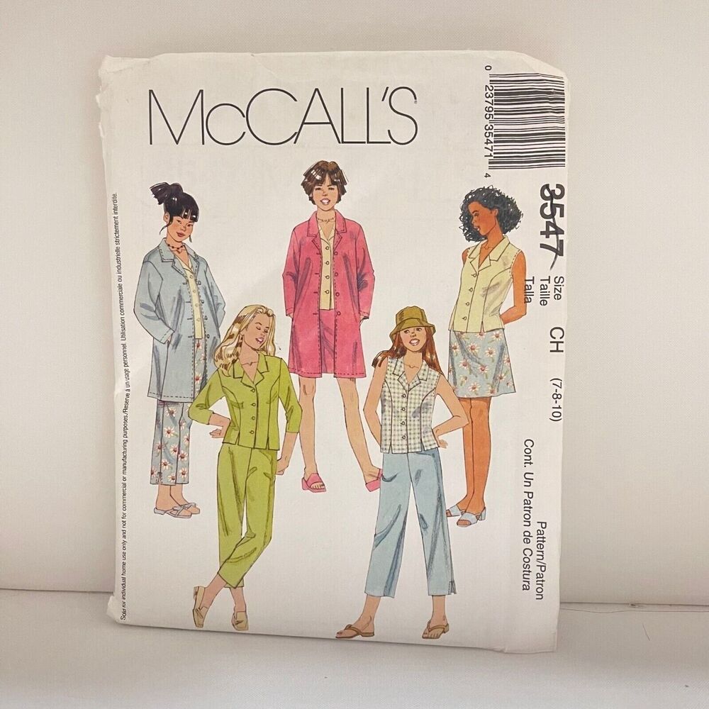 #3547 McCalls Girls Unlined Jacket Tops Capri Pants and Skirt Sewing Pattern